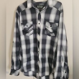 Surplus black/gray/white plaid shirt long roll button tab sleeves button pockets